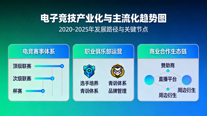 电子竞技产业化与主流化趋势图 - 展示电竞赛事、俱乐部、商业合作生态