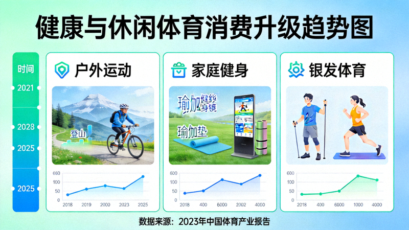 健康与休闲体育消费升级趋势图 - 展示户外运动、家庭健身、银发体育等场景