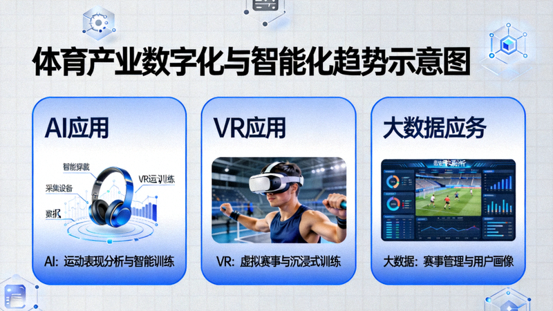 体育产业数字化与智能化趋势示意图 - 展示AI、VR、大数据在体育中的应用