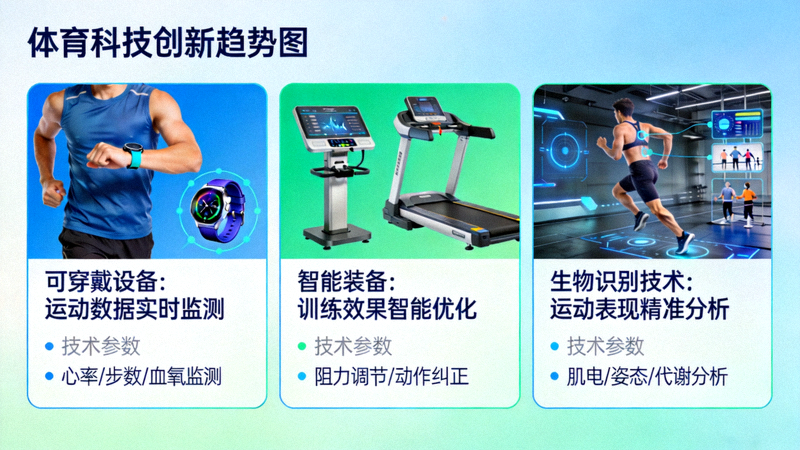 体育科技创新趋势图 - 展示可穿戴设备、智能装备、生物识别技术在体育中的应用