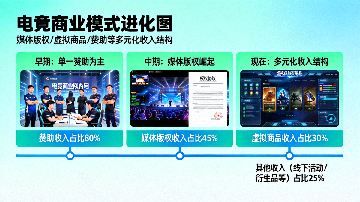 电竞商业模式进化图 - 展示媒体版权、虚拟商品、赞助等多元化收入结构
