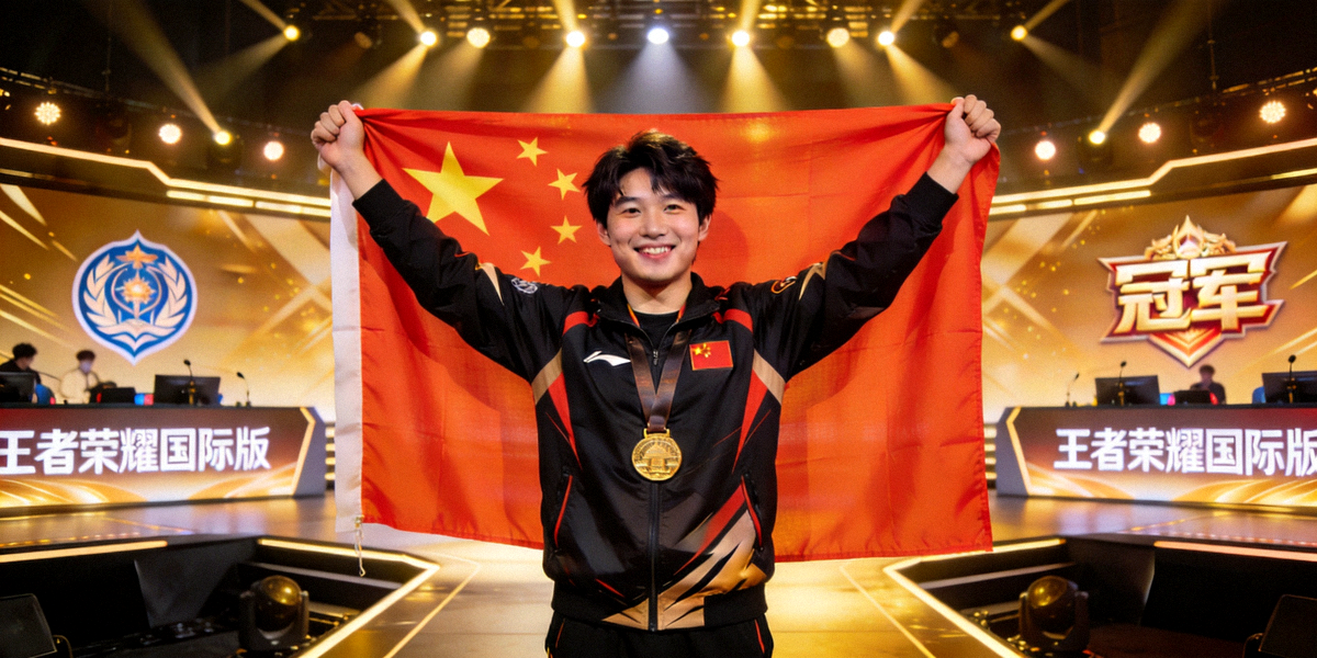 杭州亚运会电子竞技首金颁奖仪式，中国队选手高举国旗庆祝王者荣耀国际版夺冠