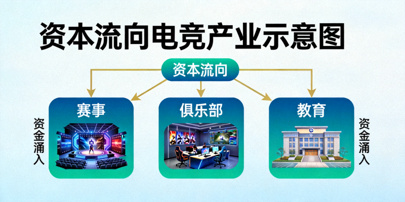 资本流向电竞产业示意图，显示资金涌入赛事、俱乐部、教育等板块