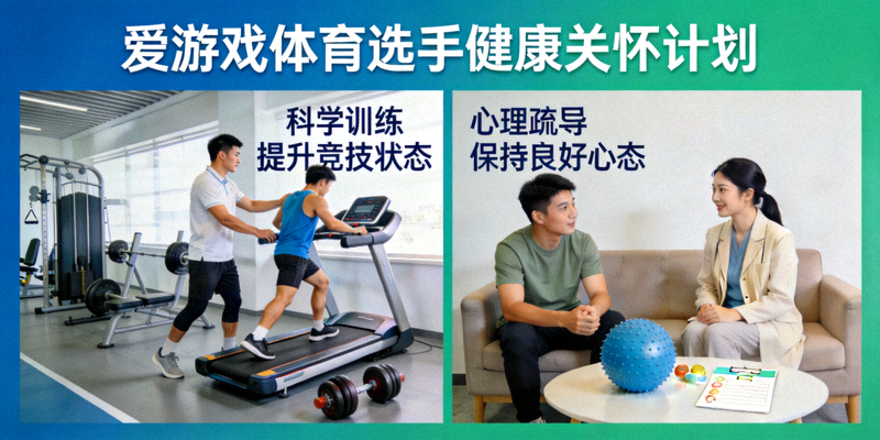 爱游戏体育选手健康关怀计划展示，包含体能训练与心理辅导场景