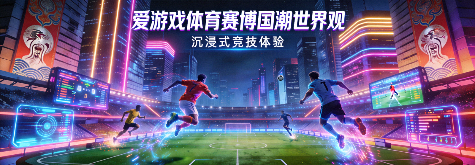 爱游戏体育赛博国潮世界观大横幅 - 霓虹球场与未来都市交织的沉浸式竞技场景